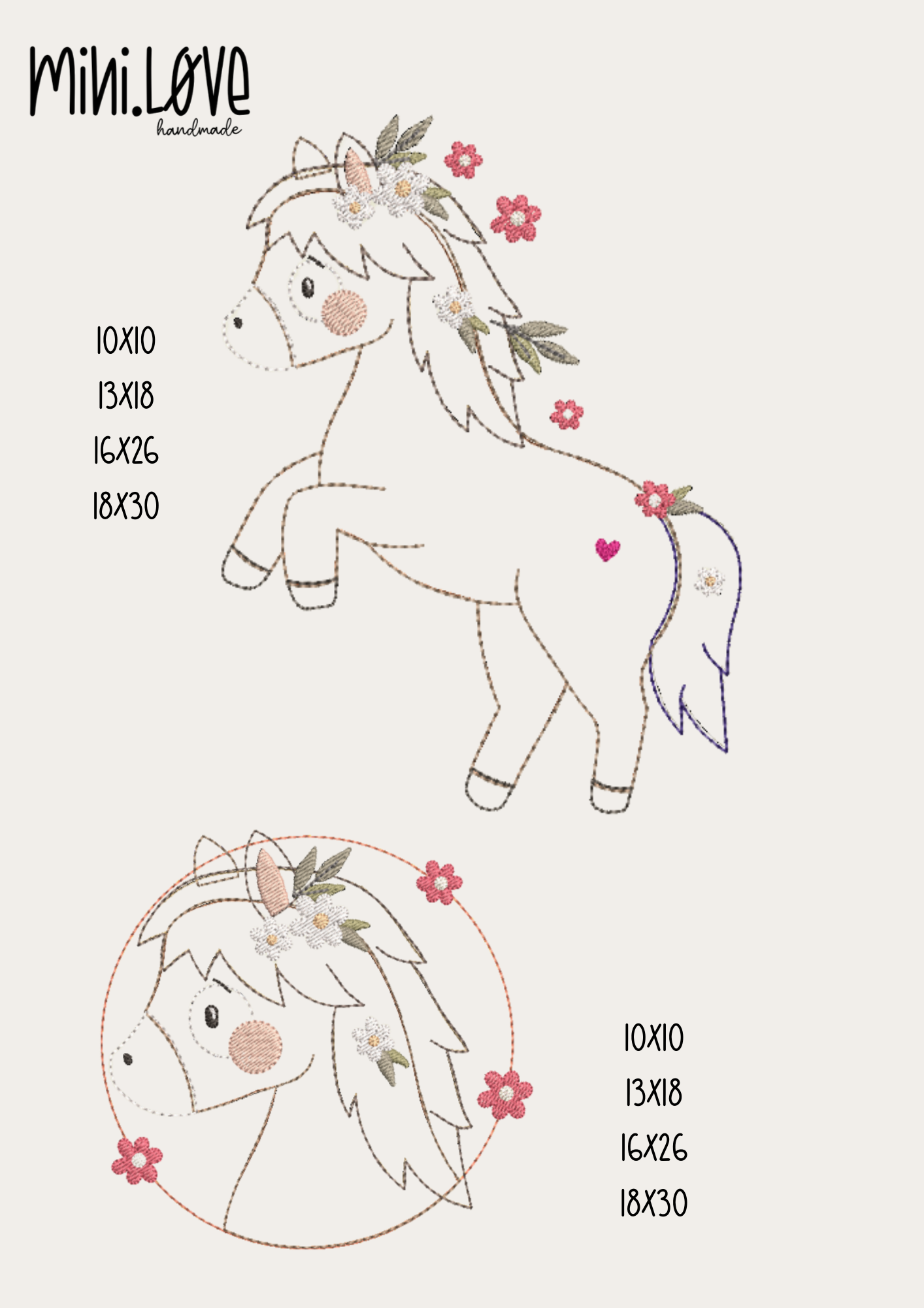 Stickdatei Blumenpony +Gratis Button Variante