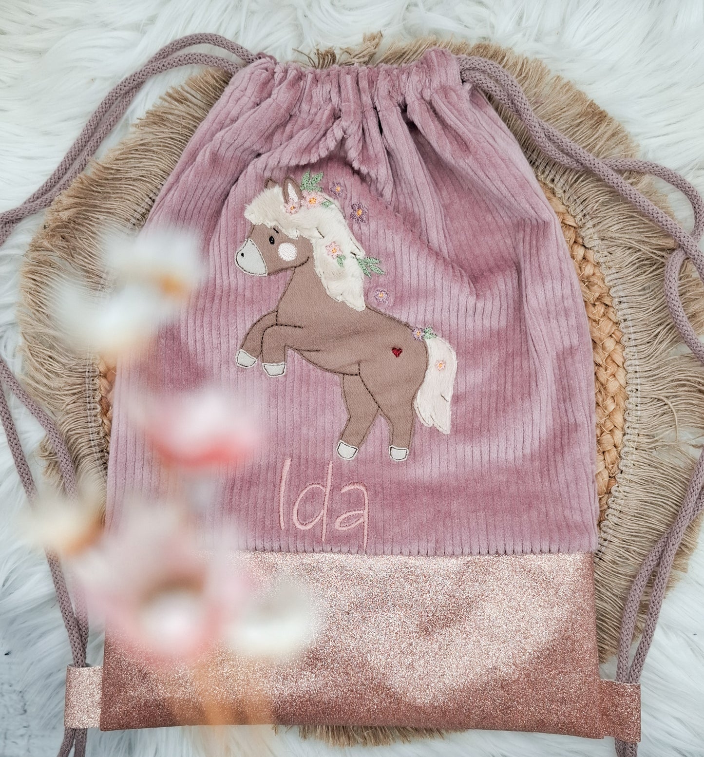 Stickdatei Blumenpony +Gratis Button Variante